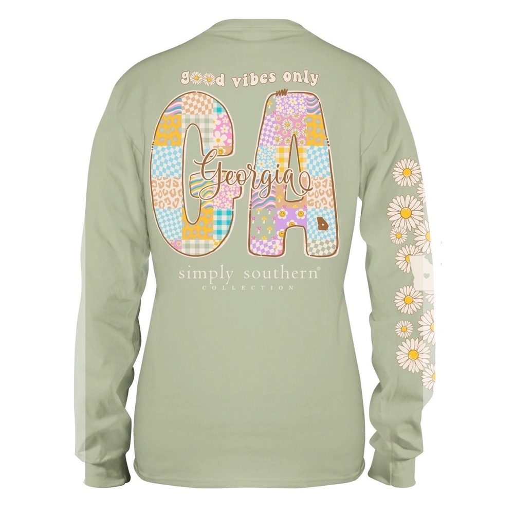 Simply Southern Georgia GA Good Vibes Only Sage Green Long Sleeve Graphic MedNWT